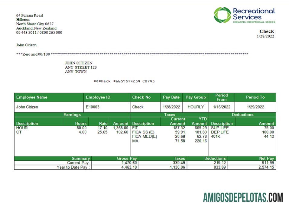 Recibo de pagamento da empresa de entretenimento de serviços recreativos dos EUA exemplo real